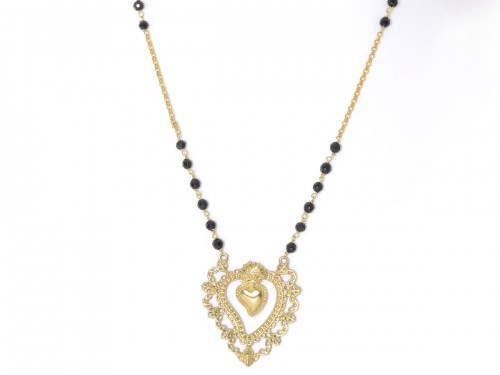 collana in argento color giallo con sacro cuore grande e pietra naturale nero onice